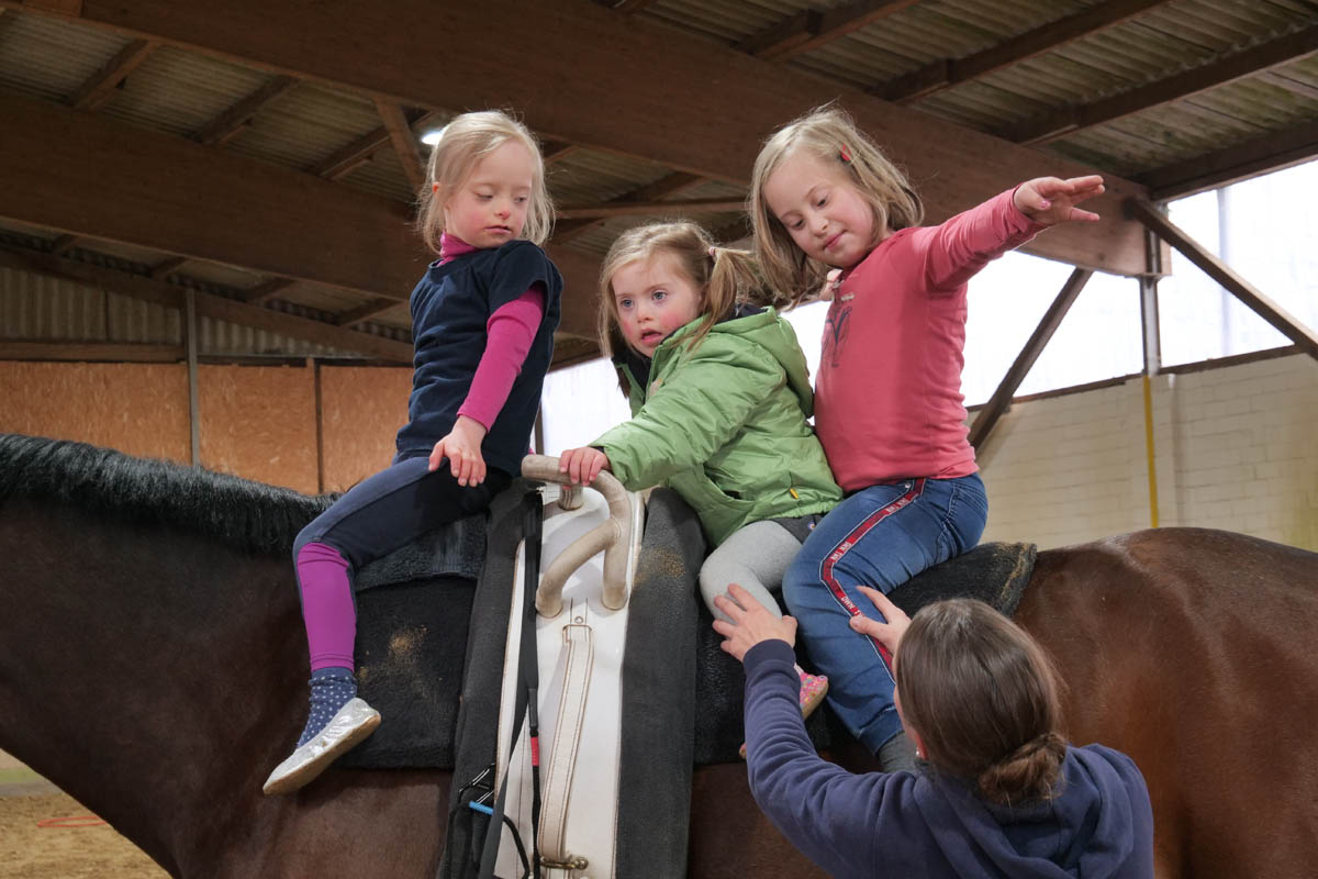 Das PM-Förderprojekt "Pferde bauen Brücken" fördert integrative Projekte im Pferdesport, so auch 2021 die Voltigiergruppe des RFV Warendorf, in der Kinder mit und ohne Down-Syndrom gemeinsam Sport treiben. Foto: FN-Archiv